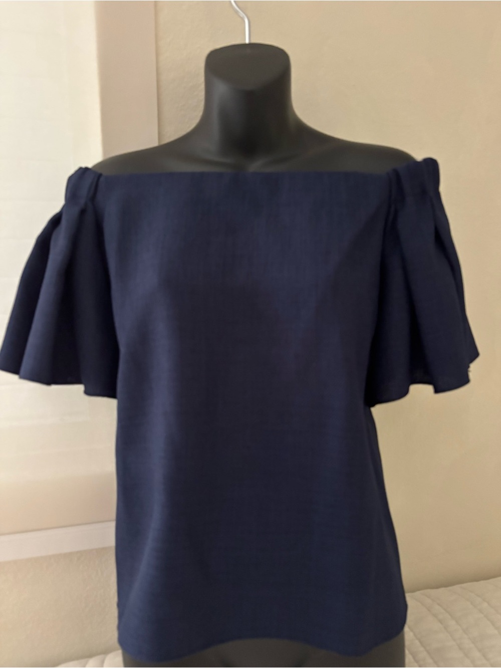 Badgley Off-Shoulder Navy Flutter Sleeve Top
